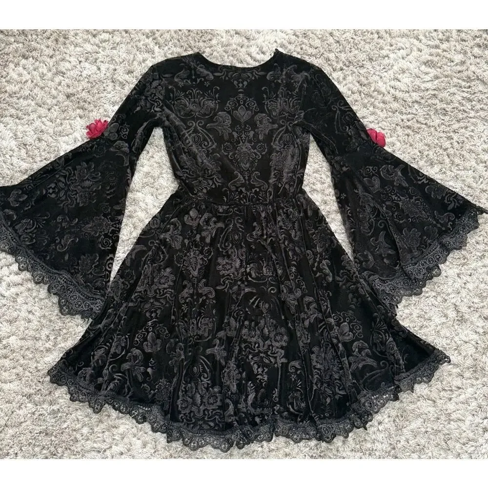 Gothic Velvet Lace Bell Sleeve Dress Girls S Black Witchy Renaissance Costume